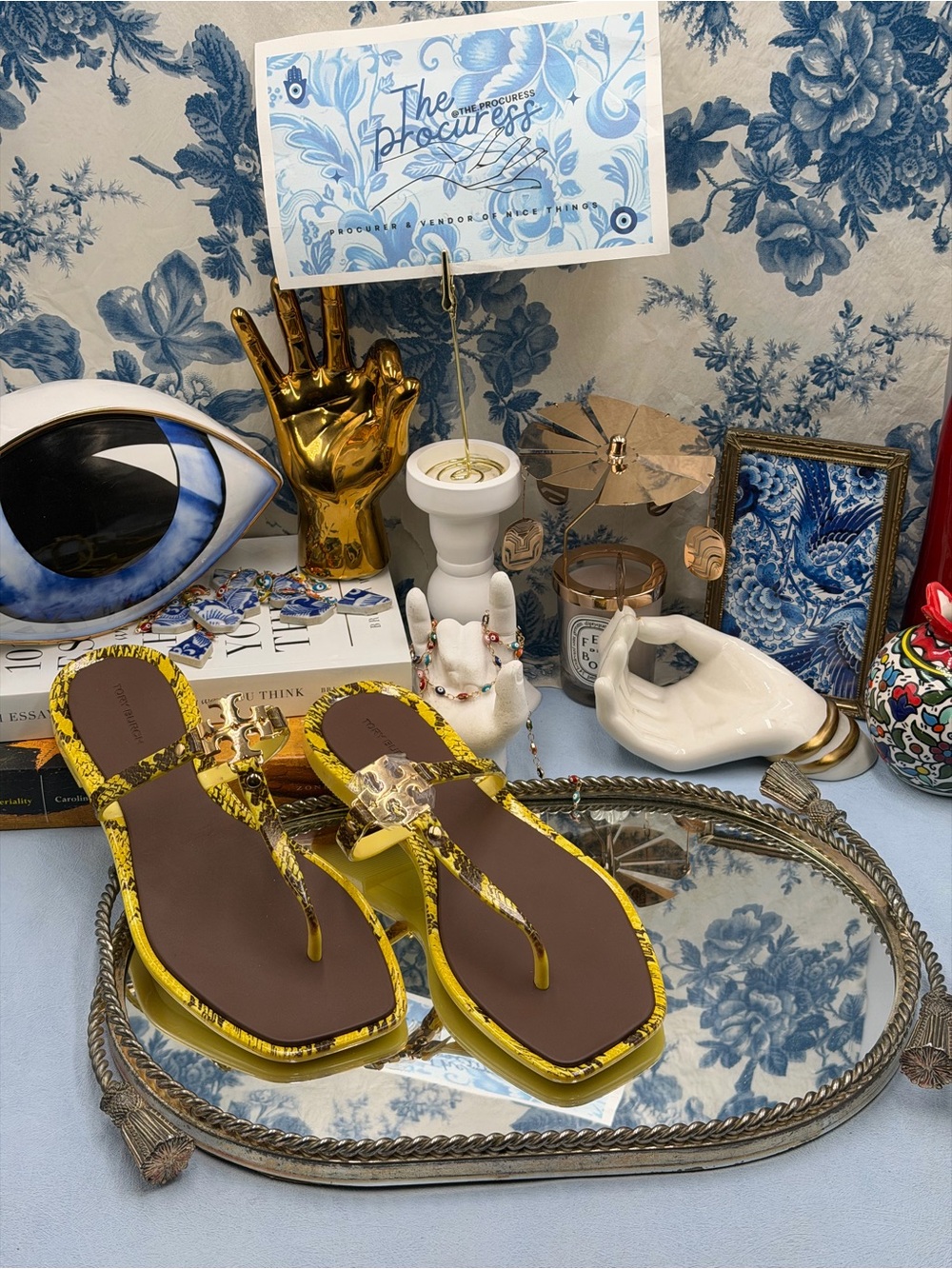 🆕 TORY BURCH 🧿 NWOB Roxanne Rubber Sandals, Brown & Yellow Lizard - Sz 7 - Picture 2 of 10